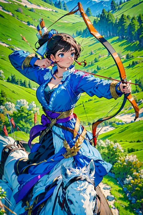 1girl,solo,cool,archery athlete,she hold a bow,draw a bow,archery,archer,cleavage,in archery venue, mounted archery