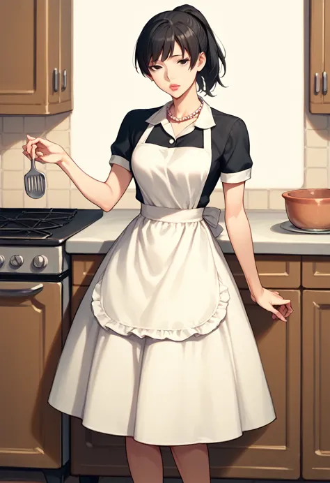 hibiki tsukahara, black eyes, black hair, ponytail, narrow eyes, slanted eyes,dress、apron、short sleeve、high heels、pearl necklace...