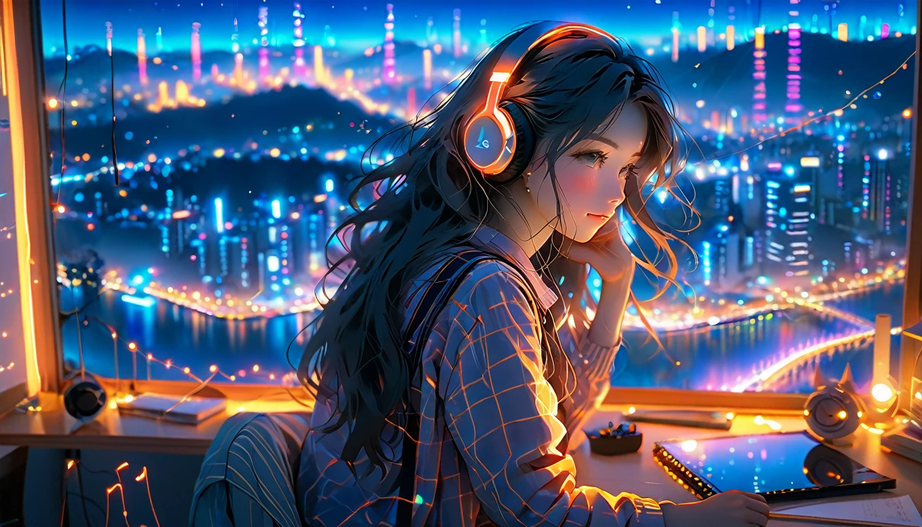 Beautiful girl studying in her room while listening to music with headphones、long hair、Warm indirect lighting、Beautiful cityscape from the room window、Japanese anime style、