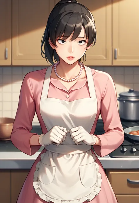 hibiki tsukahara, black eyes, black hair, ponytail, narrow eyes, slanted eyes,pink dress、apron、long sleeve、high heels、pearl neck...