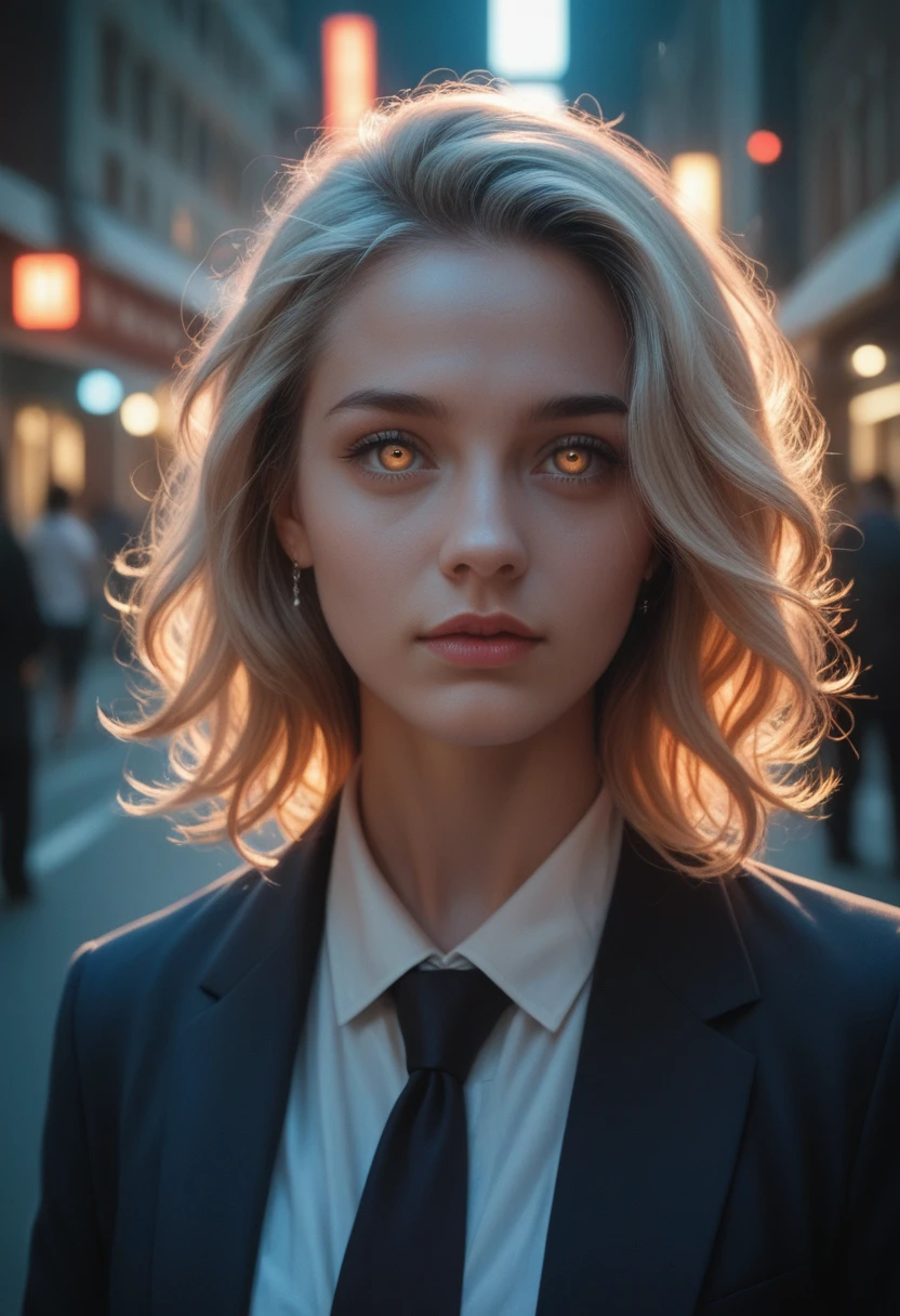 best quality, top quality, 8k, high resolution, ultra-detailed, extremely detailed, realistic, beautiful girl, bright hair, drak eyes, on the street, cinematic, professional lighting, score_9, score_8_up, score_7_up,