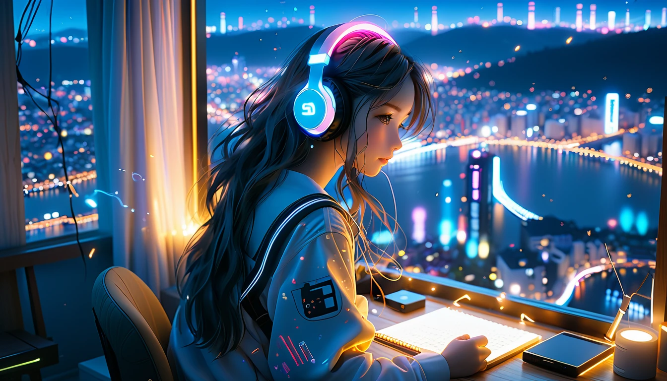 Beautiful girl studying in her room while listening to music with headphones、long hair、Warm indirect lighting、Beautiful cityscape from the room window、Japanese anime style、