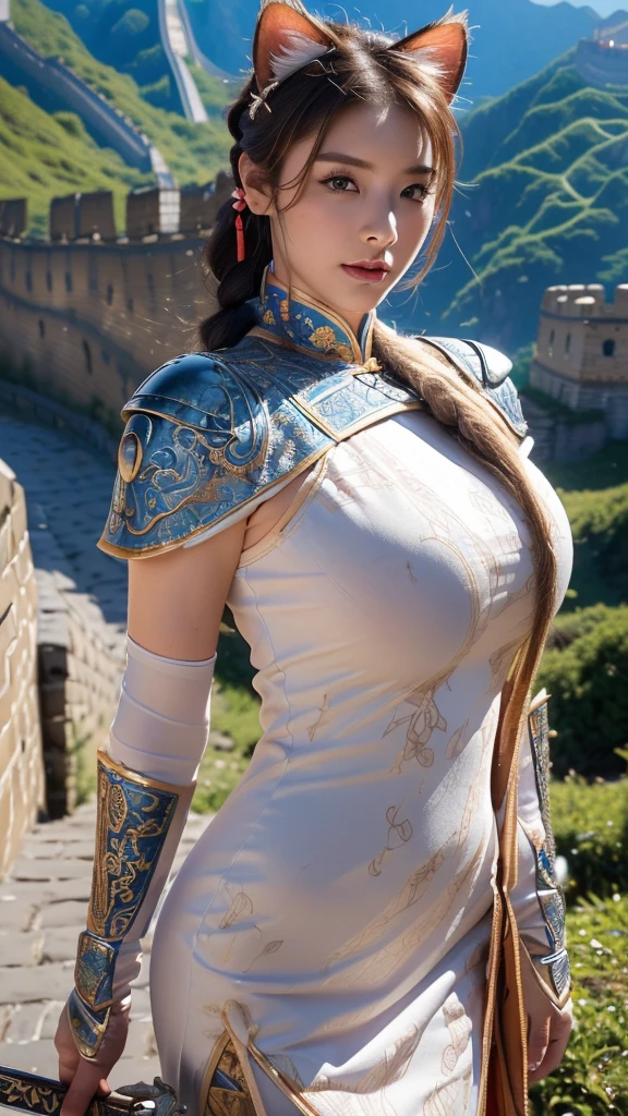 (1 female)), ((16K)), Mature Woman, ((((Female warrior with a spear))))、(((Attractive Swedish model:1.0))),((Beautiful Swedish Model))、(((Cat ear)))、(((Cat earの女性)))、(((China dress)))、(((Chinese National Costume)))、(((Toned body))),(((Big Breasts))),(((Big Breasts))), ((8k, Highest quality:1.2))、((masterpiece)), High resolution, (Skin Texture:1.1), Highest quality, 超High resolution, (Realistic: 1.4), RAW Photos,((Perfect Face))、Age 35, , Blonde,Voluptuous body、(((The background is the Great Wall..))),(((The background is the Great Wall..))),Chinese landscape ((Female Warrior with a Sword)), masterpiece, ((Ultra HD)), Insane Details, Realistic, Detailed face, 詳細なSkin Texture, Blurred Background, (( Wearing a breastplate)), (((Big Breasts))), (Ancient fantasy soldiers),(Ancient soldier armor),Combat Accessories,vision, Perfect Face, Delicate eyes, Voluminous lips, Long, narrow eyes、Big eyes, ((Image of China))、(((Armor with intricate patterns))、Looking into the camera、Looking into the camera、Metal shoulder pads、Woman with Chinese sword、Red and white armor、Dynamic Napause