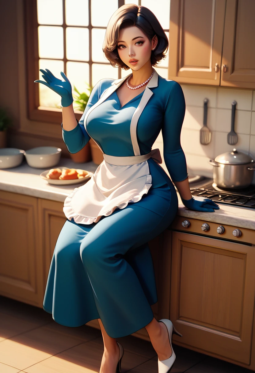 takaoKC、short hair、Big Breasts、gloves、Long sleeve、Blue Dress、apron、Long sleeve、High heels、Pearl necklace、jewelry、白いgloves、indoor、kitchen