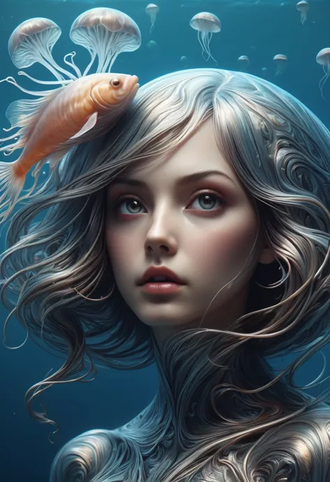 high quality, 8k ultra hd, surreal portrait of a stunning woman. 
beautiful girl with the head of a deep sea creature., jellyfis...