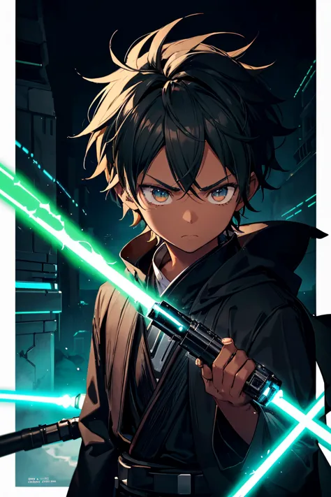 jedi boy, 1boy, black jedi robes, orange lightsaber blade, short spiky hair, rat tail hairstyle, brown skin, black hair, green e...