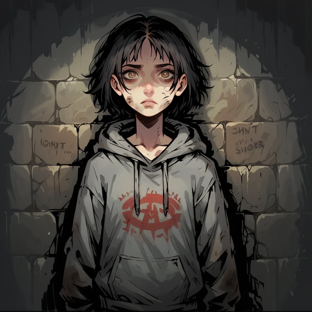 Medium close-up poartrait of a pale, slender girl with long, straight black hair and bright brown eyes. She has a contemptuous expression, staring directly at the viewer with finely detailed facial features. She is wearing a slightly torn but clean, oversized grey hoodie, and has a small chest. In the background, writings on a weathered, dusty wall, creating a moody, atmospheric scene. The overall visual style is dark, gritty, and detailed, inspired by Chris Bourassa, known for his dramatic lighting and expressive, somber character designs.