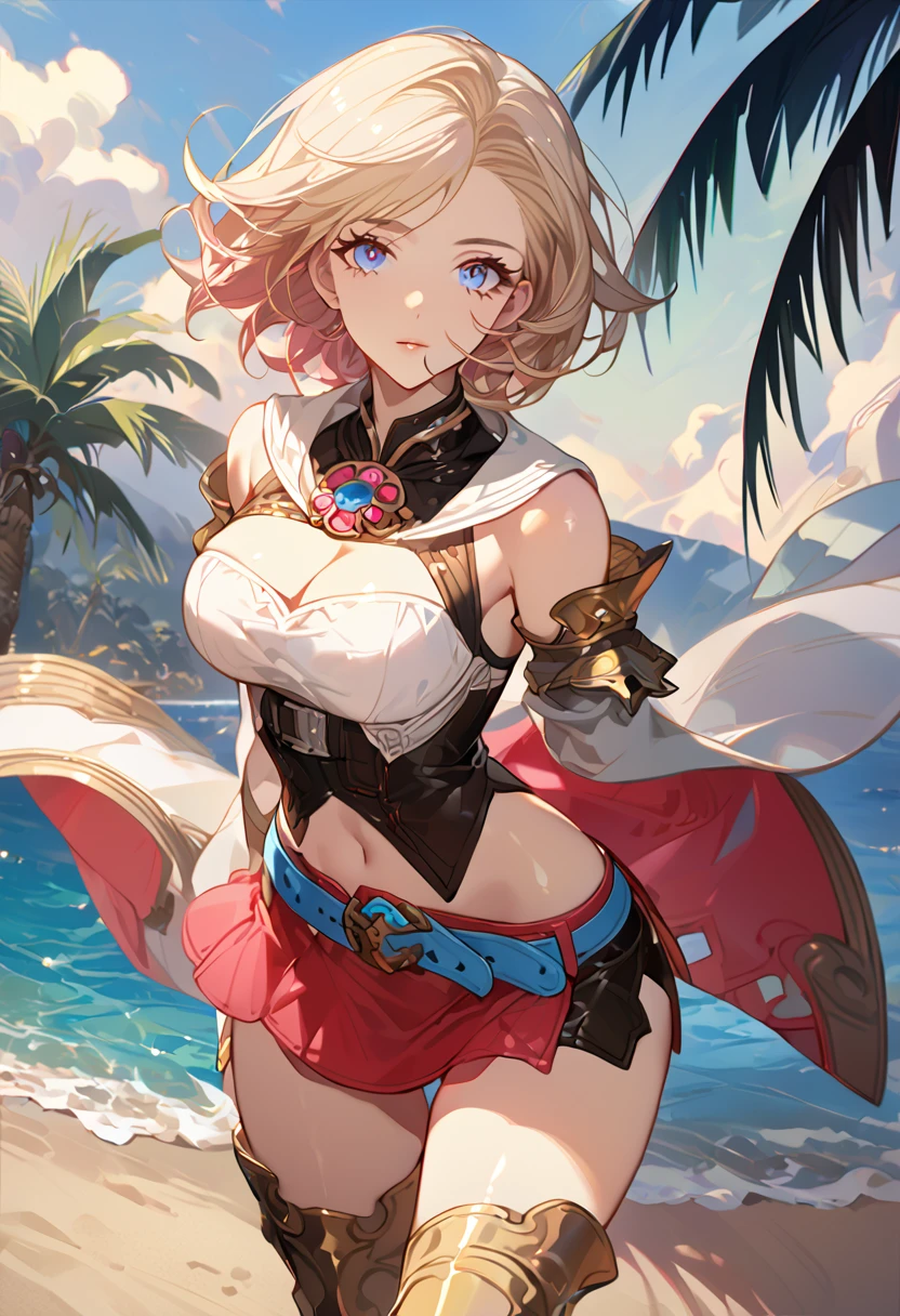 masterpiece, best quality, 8k, 4k, 1girl, ashelia final fantasy xii, Ashelia, short hair, pale blonde hair, blue eyes, white detached sailor like collar, round brooch, gold brooch with pink and blue jewel, white shirt, longer side shirt, cleavage, midriff, detached sleeves, bracer, black corset, corset under shirt, reddish pink skirt, microskirt, extremely tight skirt, super tight skirt, skirt with two slit on the side, blue belt, black high thigh with gold pattern , gold boots, slim body, looking at viewer, standing nicely, wind blowing, finely detailed eyes and detailed face, face detailed, hair detailed, clothes detailed, ((high quality)), extreme detail, beach sand, palm tree, calm water, high hills overlooking the sea, hollowed hills,  inspired by Asukaziye artist : ask, art style : ask