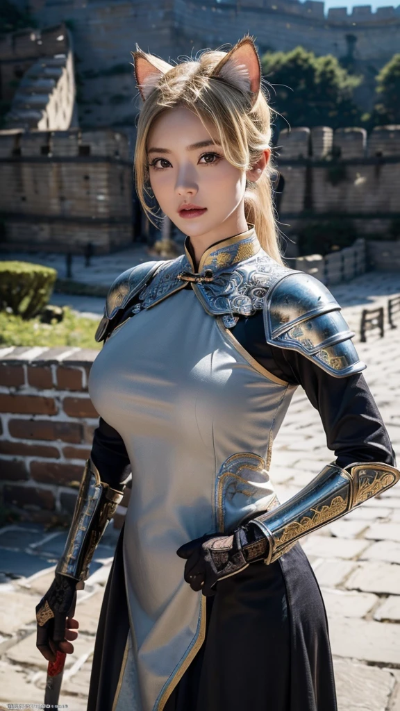 (1 female)), ((16K)), Mature Woman, ((((Female warrior with a spear))))、(((Attractive Swedish model:1.0))),((Beautiful Swedish Model))、(((Cat ear)))、(((Cat earの女性)))、(((China dress)))、(((Chinese National Costume)))、(((Toned body))),(((Big Breasts))),(((Big Breasts))),((Cleavage))、 ((8k, Highest quality:1.2))、((masterpiece)), High resolution, (Skin Texture:1.1), Highest quality, 超High resolution, (Realistic: 1.4), RAW Photos,((Perfect Face))、Age 35, , Blonde,Voluptuous body、(((The background is the Great Wall..))),(((The background is the Great Wall..))),Chinese landscape ((Female Warrior with a Sword)), masterpiece, ((Ultra HD)), Insane Details, Realistic, Detailed face, 詳細なSkin Texture, Blurred Background, (( Wearing a breastplate)), (((Big Breasts))), (Ancient fantasy soldiers),(Ancient soldier armor),Combat Accessories,vision, Perfect Face, Delicate eyes, Voluminous lips, Long, narrow eyes、Big eyes, ((Image of China))、(((Armor with intricate patterns))、Looking into the camera、Looking into the camera、Metal shoulder pads、Woman with Chinese sword、Red and white armor、Dynamic Napause