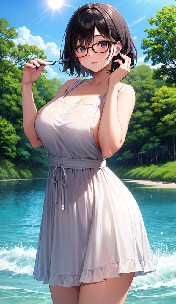 Chubby mature woman wearing glasses、Plain short black hair、Sun-tanned skin、Camping on the riverbank、A short white dress、Playing in the water and getting soaked、High resolution ,Highest quality、solo,Blushing in good spirits,