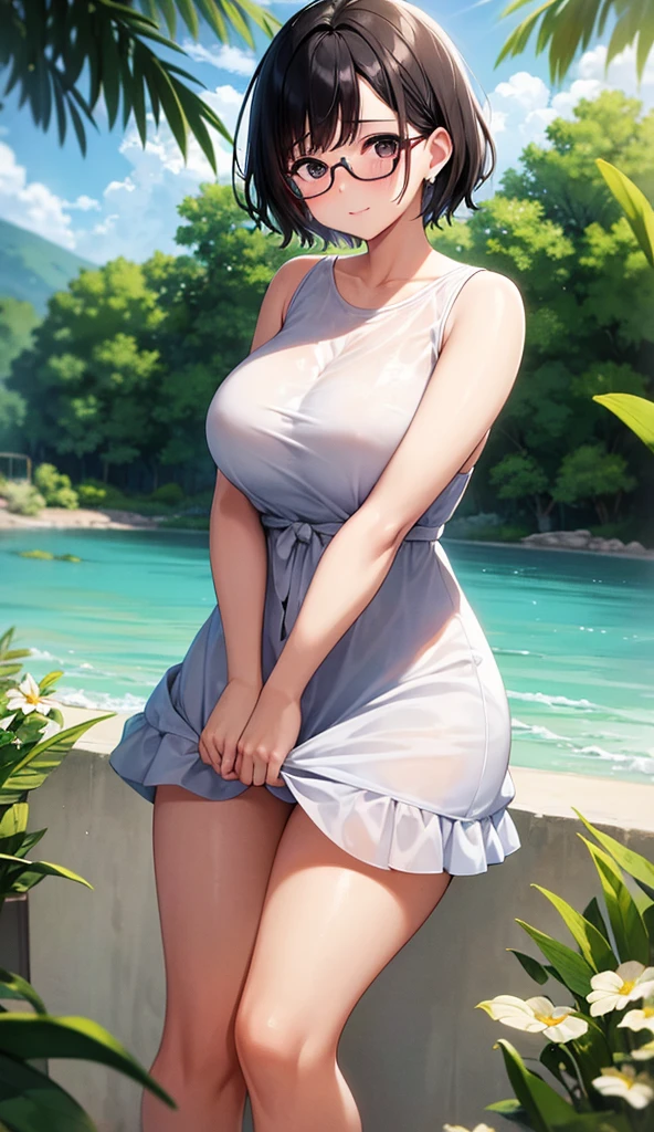 Chubby mature woman wearing glasses、Plain short black hair、Sun-tanned skin、Camping on the riverbank、A short white dress、Playing in the water and getting soaked、High resolution ,Highest quality、solo,Blushing in good spirits,