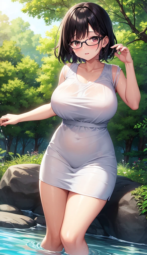 Chubby mature woman wearing glasses、Plain short black hair、Sun-tanned skin、Camping on the riverbank、A short white dress、Playing in the water and getting soaked、High resolution ,Highest quality、solo,Blushing in good spirits,