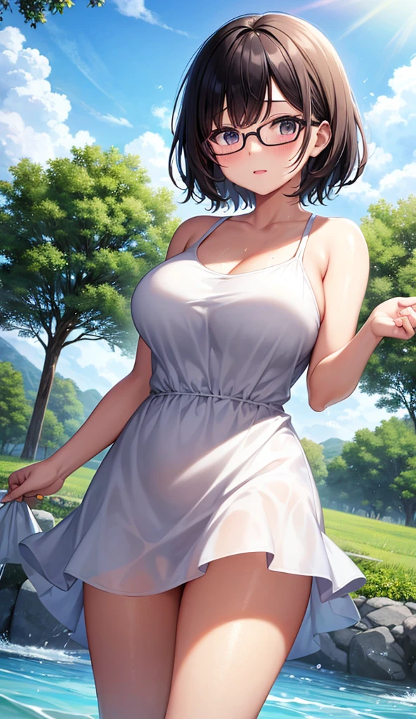 Chubby mature woman wearing glasses、Plain short black hair、Sun-tanned skin、Camping on the riverbank、A short white dress、Playing in the water and getting soaked、High resolution ,Highest quality、solo,Blushing in good spirits,