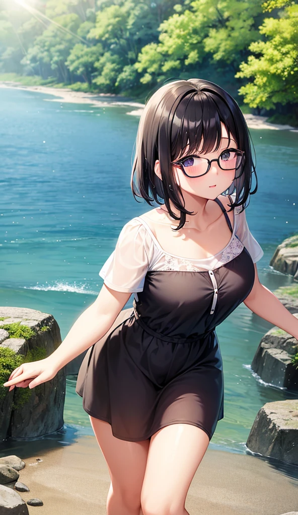 Chubby mature woman wearing glasses、Plain short black hair、Sun-tanned skin、Camping on the riverbank、A short white dress、Playing in the water and getting soaked、High resolution ,Highest quality、solo,Blushing in good spirits,