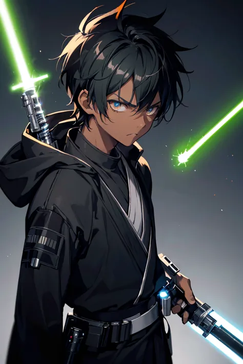 jedi boy, 1boy, black jedi robes, orange lightsaber blade, short spiky hair, rat tail hairstyle, brown skin, black hair, green e...