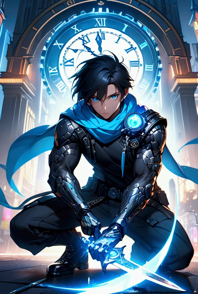 a crouching assassin man with black hair, bright blue eyes, glowing aura, flowing scarf, detailed sword behind body, hand holding intricate knife, glowing blue eyes, clock tower in cyberpunk city with neon lights, cinematic lighting, radiant, vibrant, perfect symmetry, dramatic spotlight, highly color focused, dynamic motion, very dark, concept art, intricate details, digital painting, ultra-detailed, (best quality,4k,8k,highres,masterpiece:1.2),ultra-detailed,(realistic,photorealistic,photo-realistic:1.37)