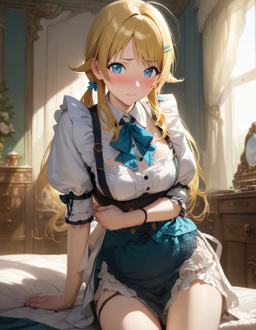 (masterpiece),(Highest quality),(Very detailed),(Best illustrations),(Best Shadow),(Absurd),(Detailed Background),(so beautiful), 
Official Style,

Meguru Hachimiya, blonde hair, long hair, Blue eyes,

the idolmaster shiny colors,
low twintail,
chest,
blush,
embarrassed,

edwardian Maid,

alone,
bedroom,
Background Blur, 
focus on face,
realistic skin,
cowboy shot,