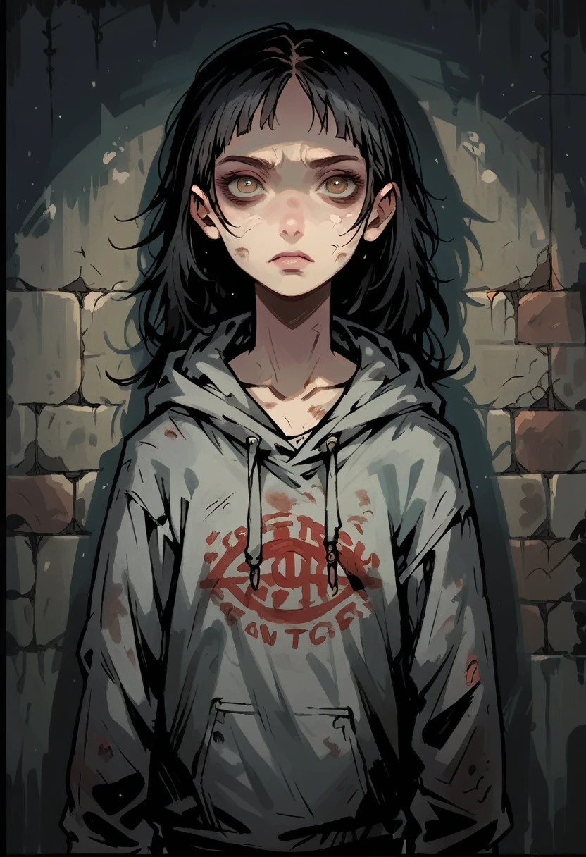 Medium close-up portrait of a pale, slender girl, long straight hair, black hair, detailed brown eyes. She has serious almost contemptuous face expression, looking directly at the viewer with finely detailed facial features. She is wearing a slightly torn but clean, oversized grey hoodie, and has a small chest. In the background, writings on a weathered, dusty wall, creating a moody, atmospheric scene. The overall visual style is dark, gritty, and detailed, inspired by Chris Bourassa, known for his dramatic lighting and expressive, somber character designs.
