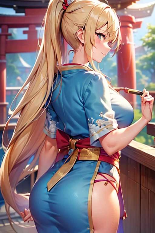 (Tabletop),(Highest quality), shrine_stone stage_torii、kimono_blue,band_yellow,((Turn your back,Rotated)),One mature woman,Long Hair_ponytail,Blonde,Blue eyes big ass，Abnormally large breasts，Textured skin、Highly detailed eyes and face、Beautiful and fine details、double eyelid、Large file size、High resolution、Highly detailed skin、Highest quality、8k wallpaper.