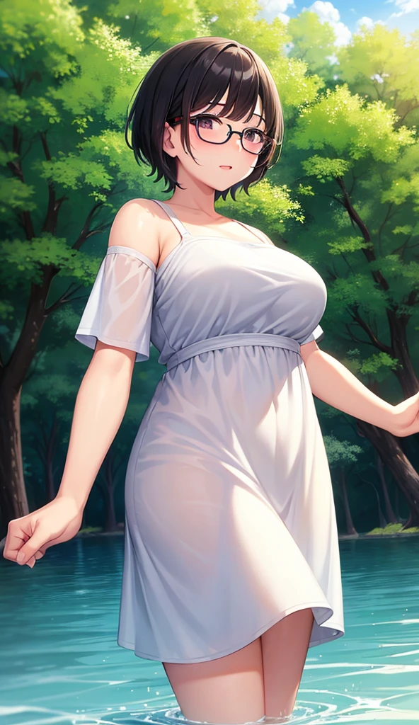 Chubby mature woman wearing glasses、Plain short black hair、Sun-tanned skin、Camping on the riverbank、A short white dress、Playing in the water and getting soaked、High resolution ,Highest quality、solo,Blushing in good spirits,