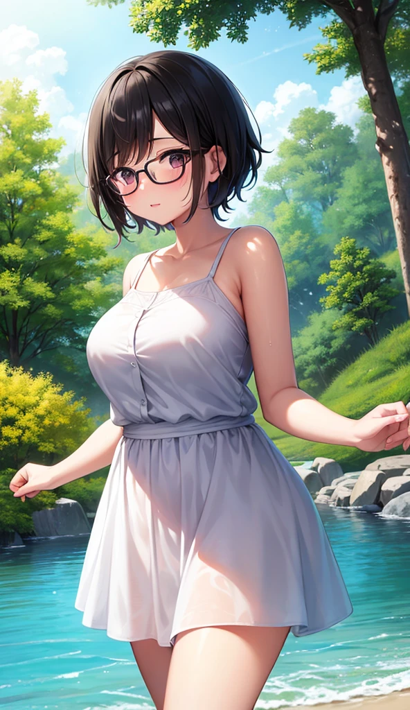 Chubby mature woman wearing glasses、Plain short black hair、Sun-tanned skin、Camping on the riverbank、A short white dress、Playing in the water and getting soaked、High resolution ,Highest quality、solo,Blushing in good spirits,