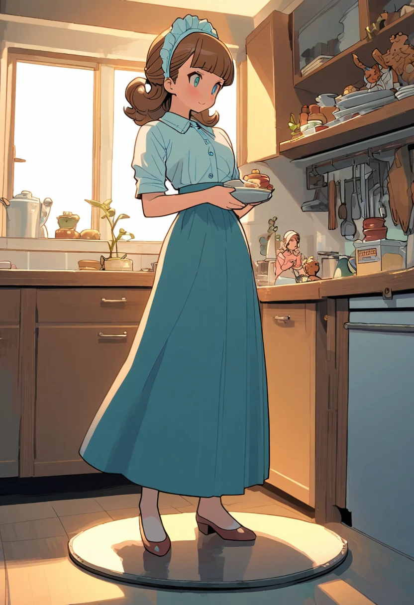 anime, 2Danime, 漫画anime, detailed figure, Dynamic Angle, Very detailed, figure, Full Body Shot, One girl, 1950s housewife, Button-up blouse and long skirt, anime 半分目を閉じた. Intelligent smile, Standing in the kitchen, Brown Hair,half updo, Headdress,blunt bangs,Good lighting, Perfect body, ((full body))
