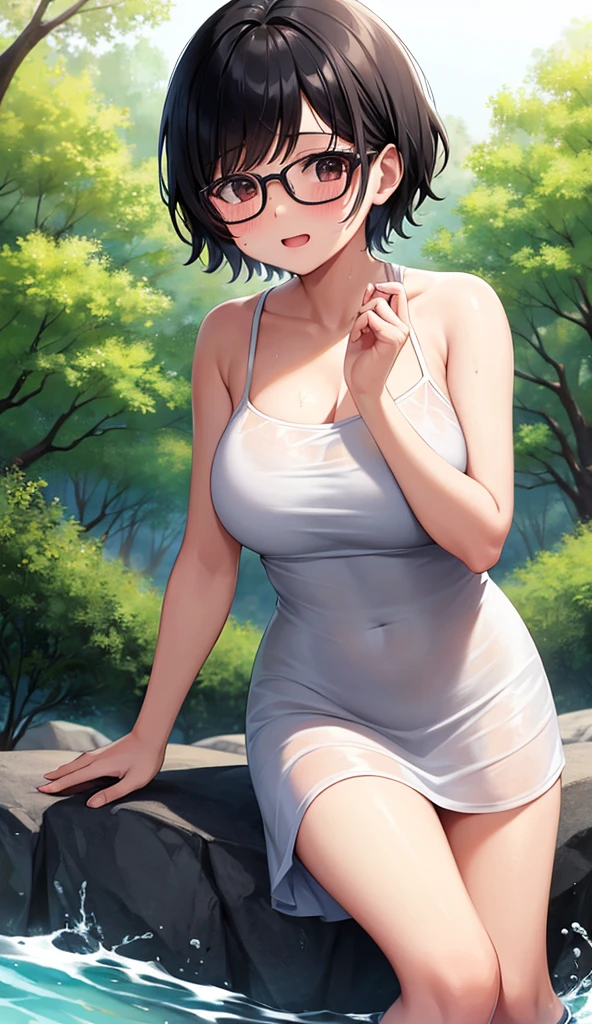 Chubby mature woman wearing glasses、Plain short black hair、Sun-tanned skin、Camping on the riverbank、A short white dress、Playing in the water and getting soaked、High resolution ,Highest quality、solo,Blushing in good spirits,