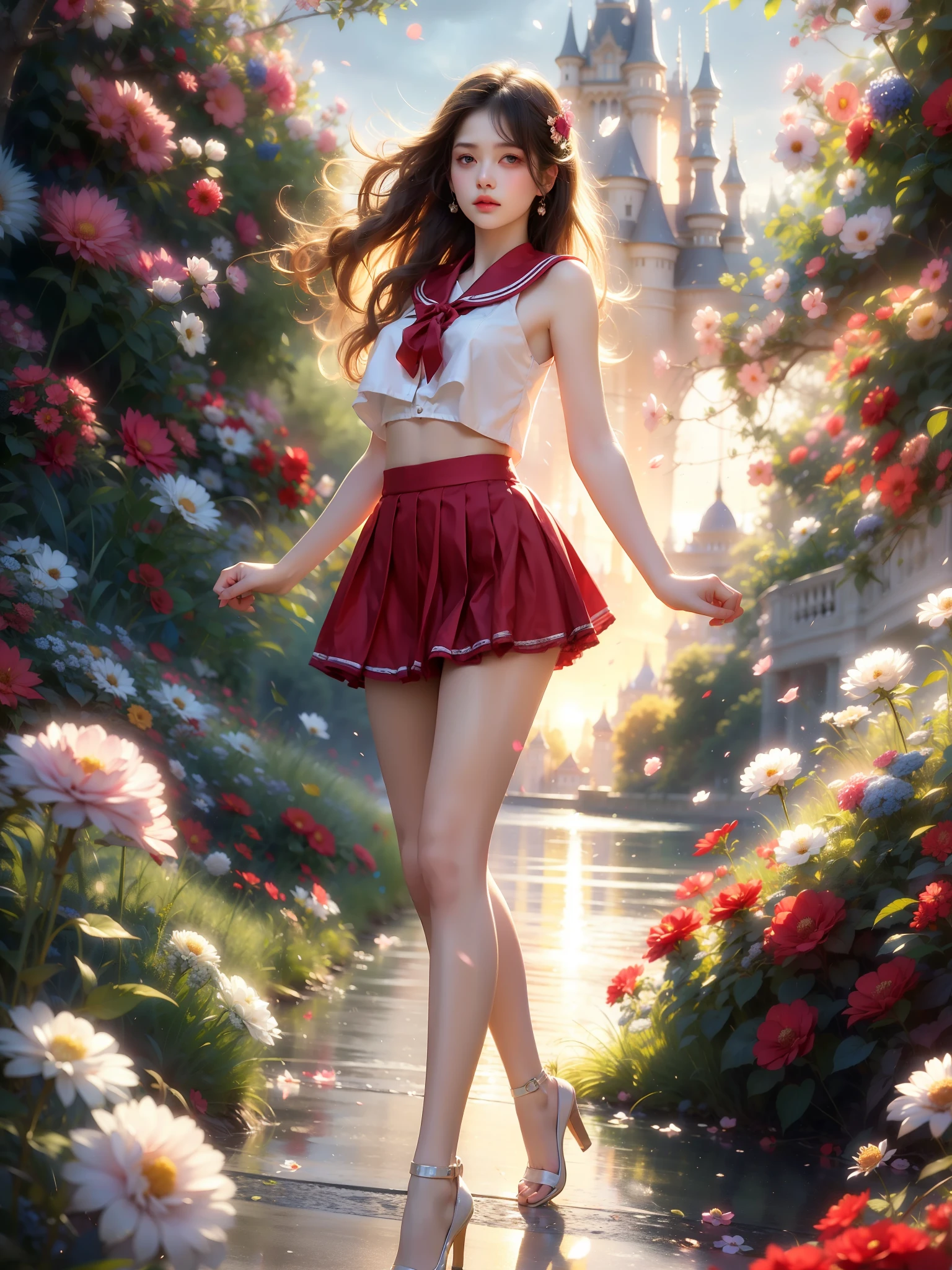 rebellion,red_skirt, school uniform, black_Good, underwear,lingerie,midriff,red_sailor_collar, (High quality details), 1girl, 独奏, Young women, Elegant posture, (Focus on natural body posture and correct anatomy:1.3), (Perfect leg proportions:1.3)，(True and accurate leg shape:1.2), ((Natural leg position)), The skirt is short, One hand strokes the hem of the skirt, Lift the hem of the skirt, Bare shoulders, Natural posture, Soft expression, Exquisite makeup, Soft blush, Bright eyes, Soft lips, Flower fairy style, ((Anatomically accurate)), (Real and natural legs), Smooth skin, Soft Lighting, high resolution, 8K Ultra HD, Sharp focus, Professional photography effects, Random elegant scenes, Multi-angle shooting