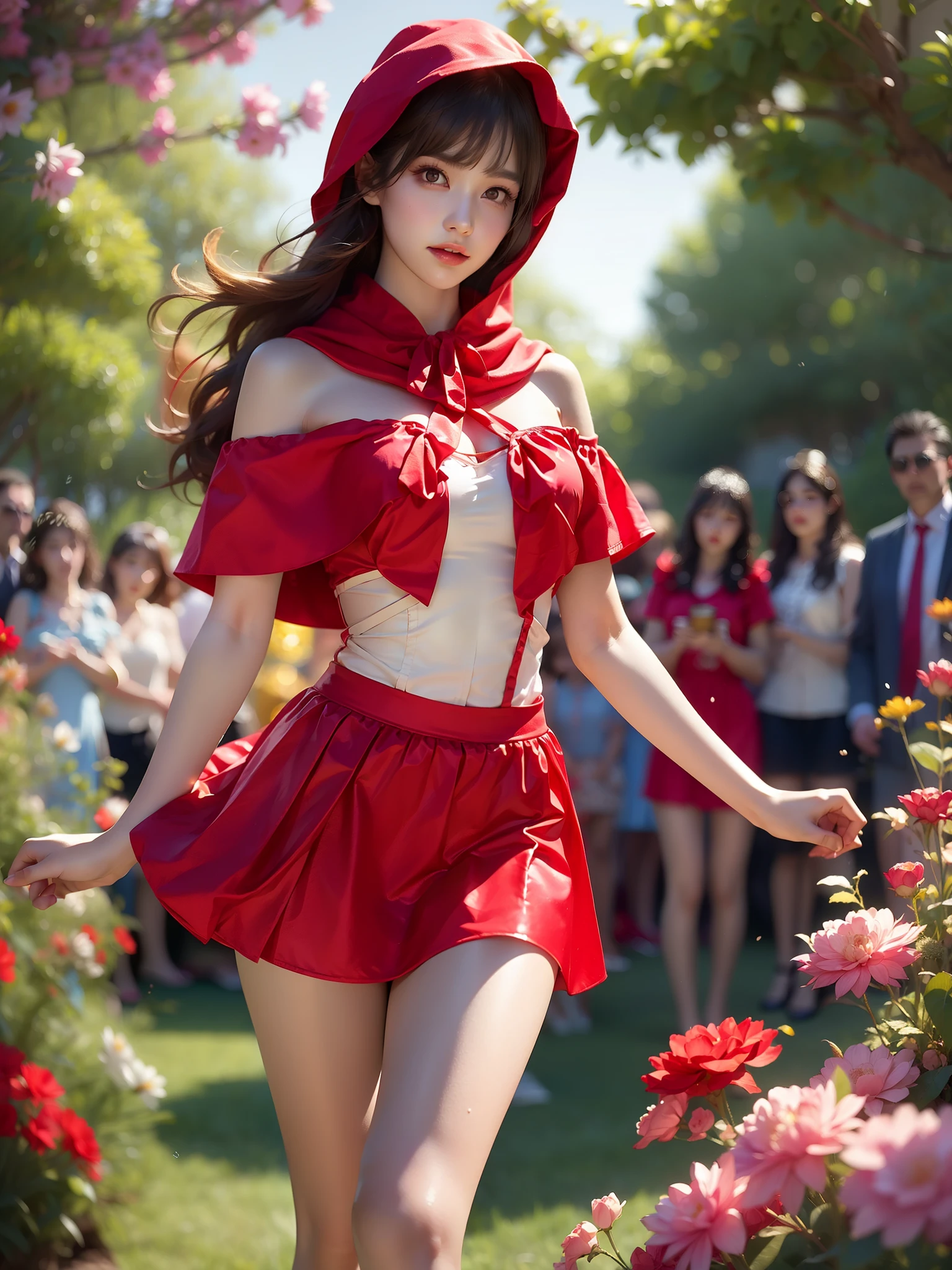 rebellion, red skirt, medium breasts, red hooded capelet, bandage, BDSM,coverednipples,, (High quality details), 1girl, 独奏, Young women, Elegant posture, (Focus on natural body posture and correct anatomy:1.3), (Perfect leg proportions:1.3)，(True and accurate leg shape:1.2), ((Natural leg position)), The skirt is short, One hand strokes the hem of the skirt, Lift the hem of the skirt, Bare shoulders, Natural posture, Soft expression, Exquisite makeup, Soft blush, Bright eyes, Soft lips, Flower fairy style, ((Anatomically accurate)), (Real and natural legs), Smooth skin, Soft Lighting, high resolution, 8K Ultra HD, Sharp focus, Professional photography effects, Random elegant scenes, Multi-angle shooting