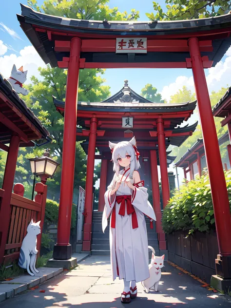 shrine maiden and white beckoning cat。a mysterious background