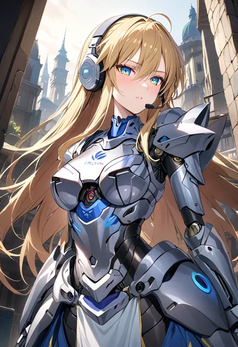 artoria pendragon、androidization、shiny silver armor exterior、luminous skin、mechanical joints、machine eyes、headset、anatomically c...