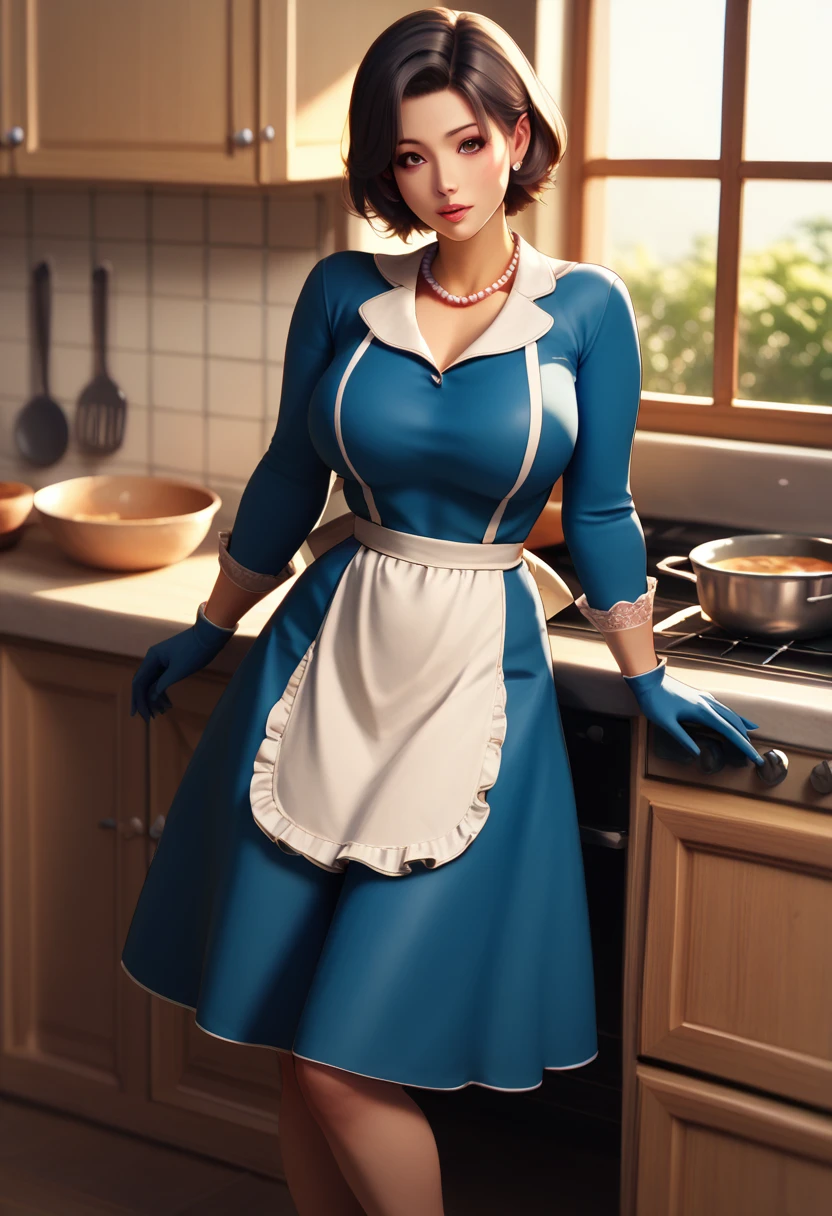 takaoKC、short hair、Big Breasts、gloves、Long sleeve、Blue Dress、apron、Long sleeve、High heels、Pearl necklace、jewelry、白いgloves、indoor、kitchen