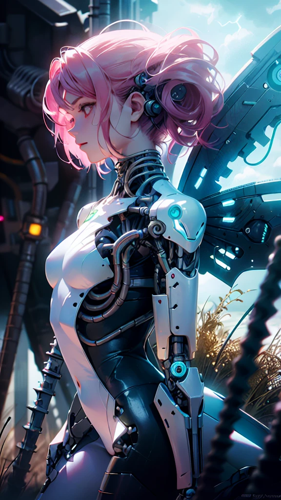 a female android, athletic, pink hair, porcelain, (tight bodysuit, white plastic, see through, ornate), (mechanical joints:1.1), wires, (mechanical parts, neon lighting ), FeyFa, fairy wings, sky, storm clouds, grass, lake, lights, No_compromise digital art works.