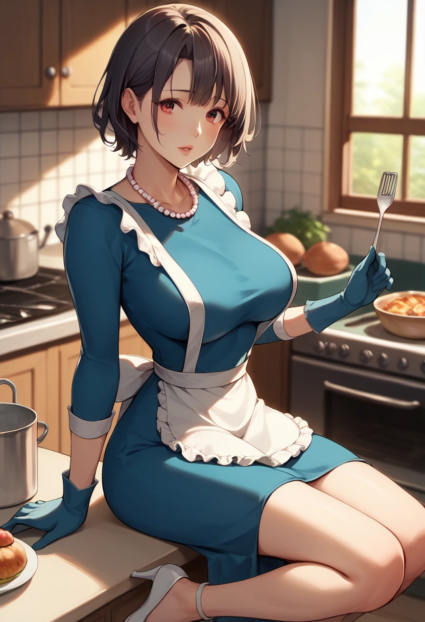 takaoKC、short hair、Big Breasts、gloves、Long sleeve、Blue Dress、apron、Long sleeve、High heels、Pearl necklace、jewelry、白いgloves、indoor、kitchen