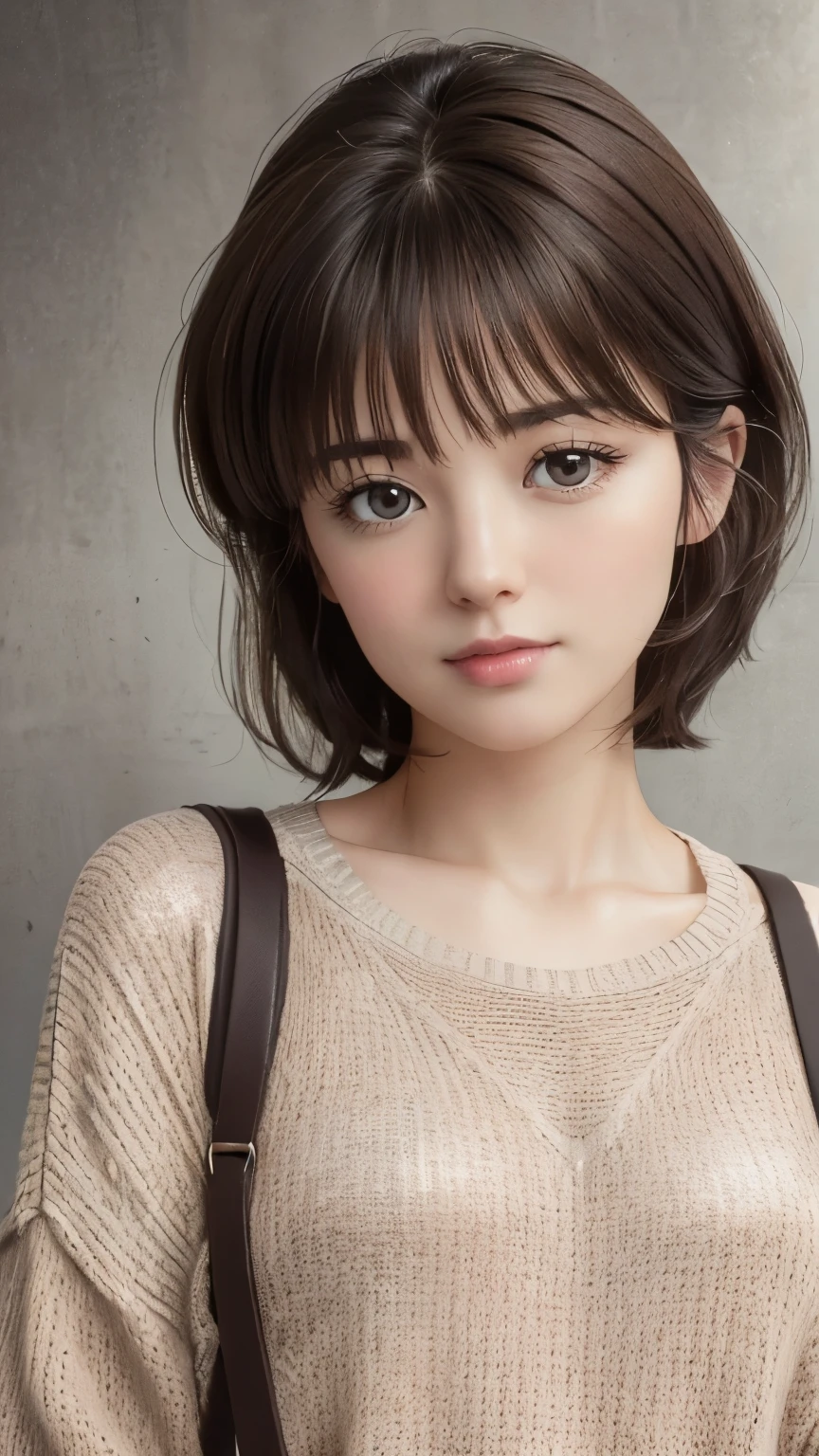 (Representative works: 1.3), (8k, Realistic, RAW Photos, Best image quality: 1.4), (30 year old mature woman),Small face, Beautiful Face, (Realistic Face),No makeup、Natural Makeup、light makeup、 (Dark brown, short hair: 1.3), Beautiful hairstyle, Realistic eyes, Beautiful attention to detail, (Photorealistic Skin), Beautiful Skin, (sweater),Small box、Bust B cup、 Confused, charm, 超High resolution, Ultra-realistic, High resolution, Golden Ratio, Gray background、Madoka Ayukawa