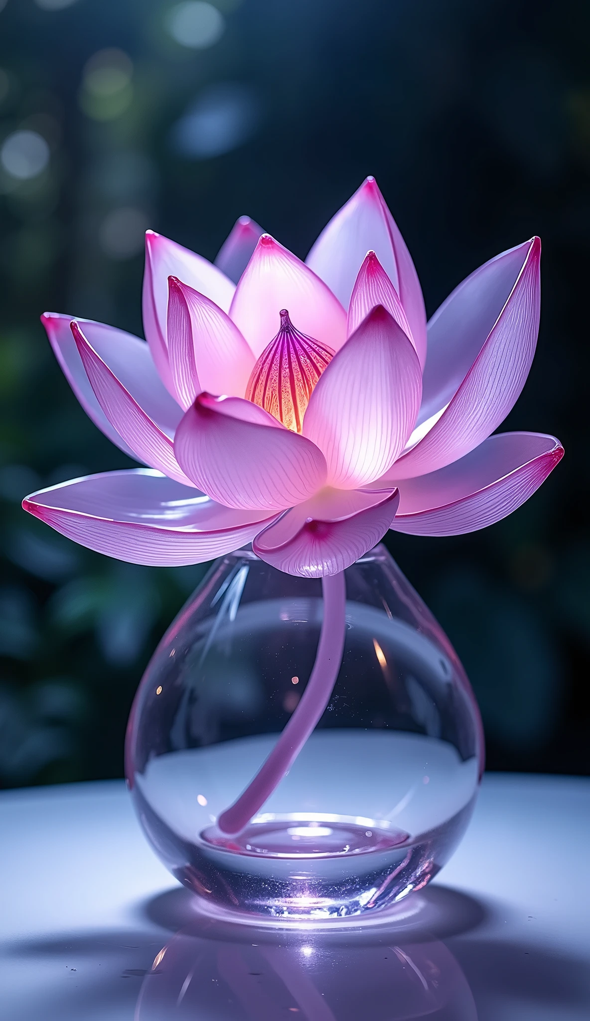 Lotus flower、Glass Art、Glass lotus flower、Transparent and beautiful work,A deep purple and pale pink gradation、Light reflects off the glass