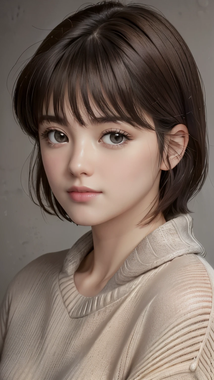 (Representative works: 1.3), (8k, Realistic, RAW Photos, Best image quality: 1.4), (30 year old mature woman),Small face, Beautiful Face, (Realistic Face),No makeup、Natural Makeup、light makeup、 (Dark brown, short hair: 1.3), Beautiful hairstyle, Realistic eyes, Beautiful attention to detail, (Photorealistic Skin), Beautiful Skin, (sweater),Small box、Bust B cup、 Confused, charm, 超High resolution, Ultra-realistic, High resolution, Golden Ratio, Gray background、Madoka Ayukawa