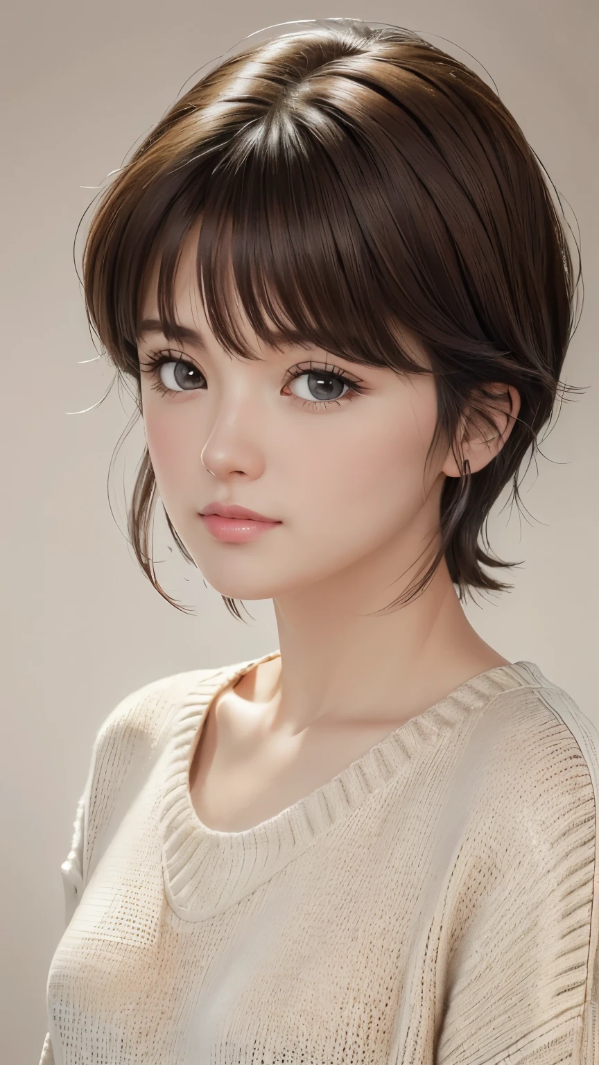 (Representative works: 1.3), (8k, Realistic, RAW Photos, Best image quality: 1.4), (30 year old mature woman),Small face, Beautiful Face, (Realistic Face),No makeup、Natural Makeup、light makeup、 (Dark brown, short hair: 1.3), Beautiful hairstyle, Realistic eyes, Beautiful attention to detail, (Photorealistic Skin), Beautiful Skin, (sweater),Small box、Bust B cup、 Confused, charm, 超High resolution, Ultra-realistic, High resolution, Golden Ratio, Gray background、Madoka Ayukawa