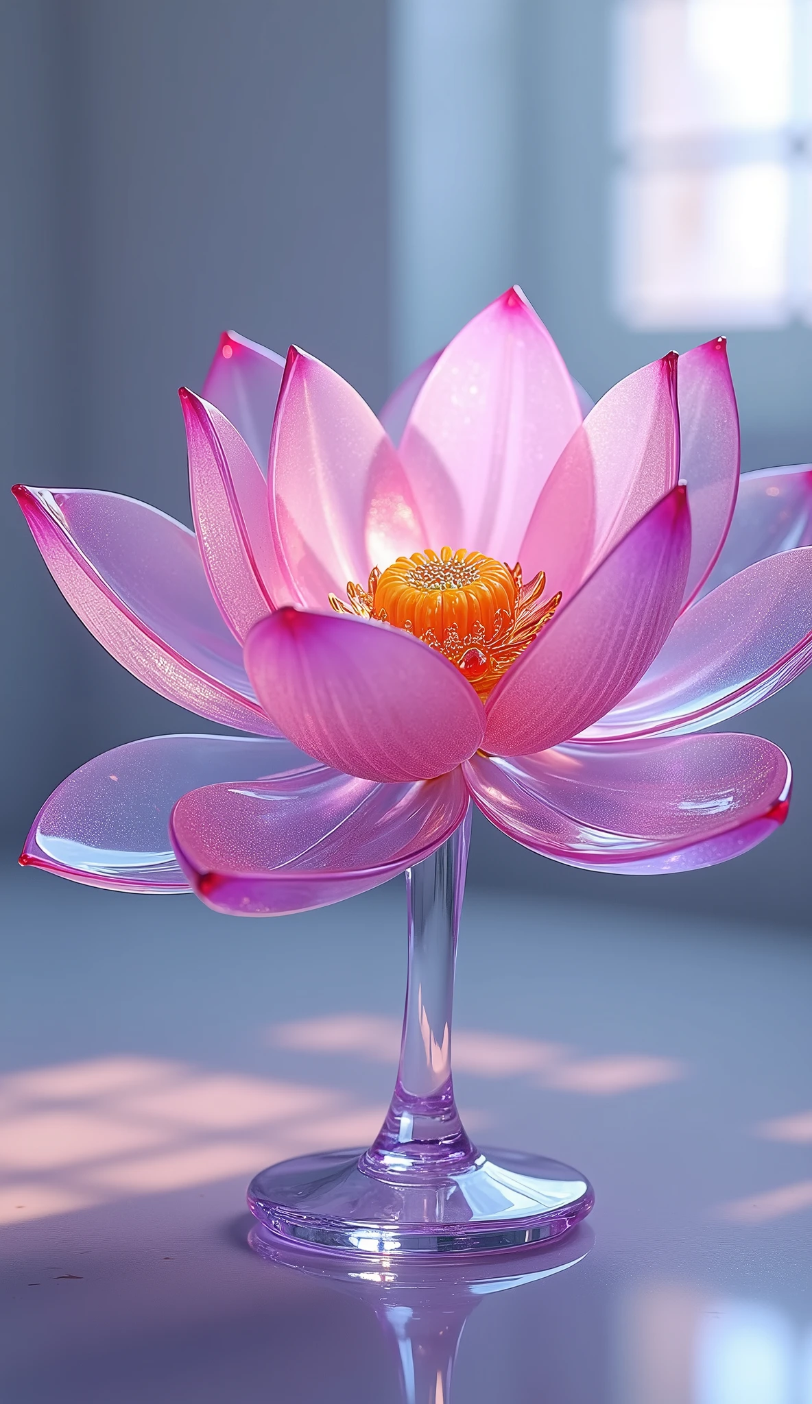 Lotus flower、Glass Art、Glass lotus flower、Transparent and beautiful work,A deep purple and pale pink gradation、Light reflects off the glass