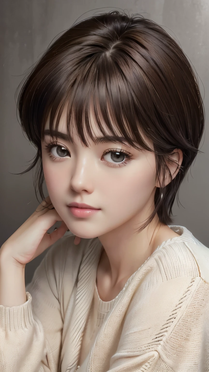 (Representative works: 1.3), (8k, Realistic, RAW Photos, Best image quality: 1.4), (30 year old mature woman),Small face, Beautiful Face, (Realistic Face),No makeup、Natural Makeup、light makeup、 (Dark brown, short hair: 1.3), Beautiful hairstyle, Realistic eyes, Beautiful attention to detail, (Photorealistic Skin), Beautiful Skin, (sweater),Small box、Bust B cup、 Confused, charm, 超High resolution, Ultra-realistic, High resolution, Golden Ratio, Gray background、Madoka Ayukawa