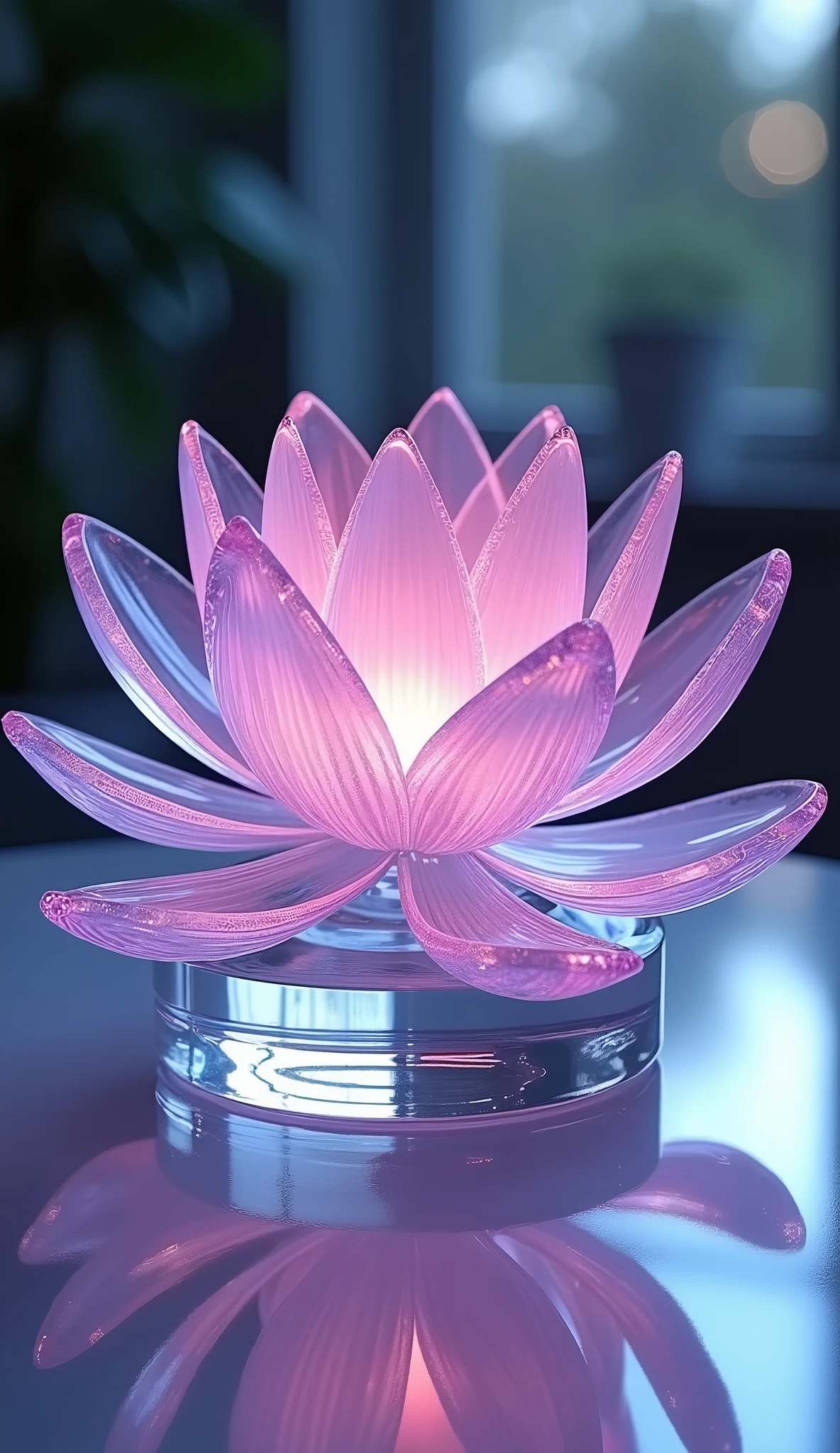 Lotus flower、Glass Art、Glass lotus flower、Transparent and beautiful work,A deep purple and pale pink gradation、Light reflects off the glass