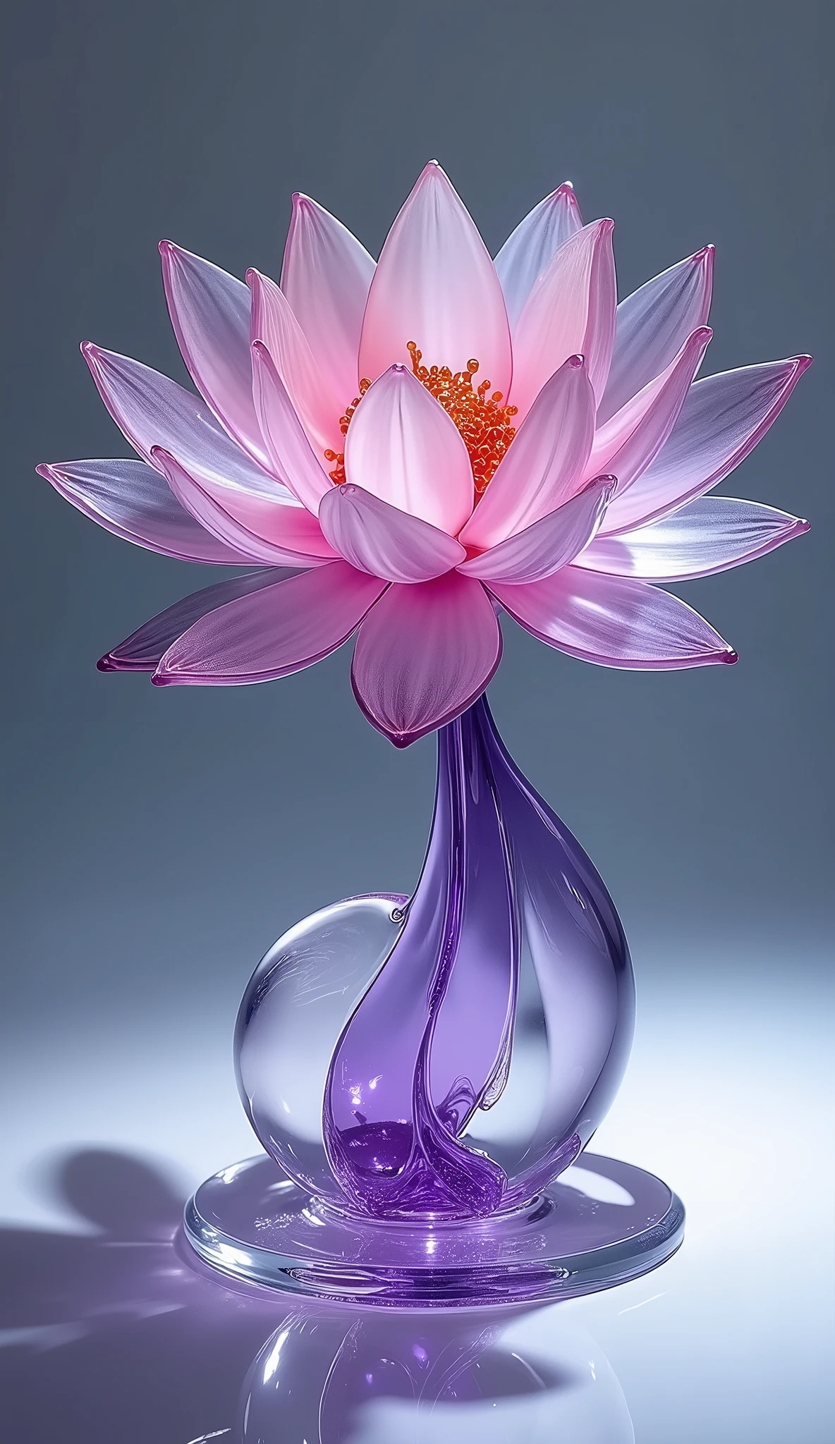 Lotus flower、Glass Art、Glass lotus flower、Transparent and beautiful work,A deep purple and pale pink gradation、Light reflects off the glass