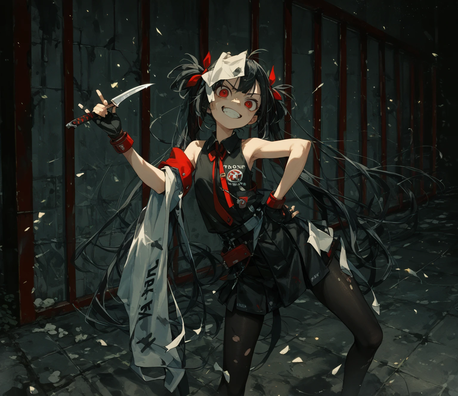 One woman、White and black hair、Twin tails、、Red eyes、Black sleeveless、Black tights、Holding a knife in his right hand、Left hand on hip、(Crazy smile:0.5), Dark room