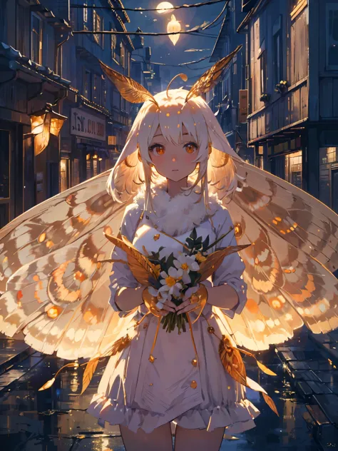 solo,1female\(cute,kawaii,age of 12,skin color white,short white hair,(big moth wing hair:1.7),white dress\(beautiful race\),(2m...