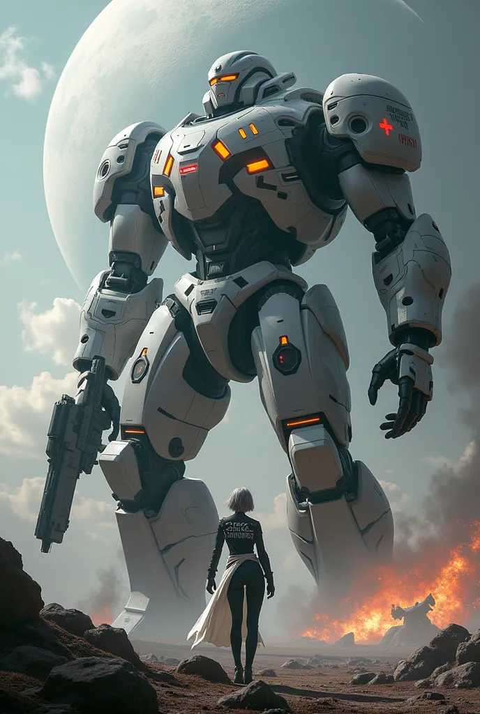 Nurse with grayish brown hair in a black and white futuristic suit with nursong symbols on it firing a weapon, standing beside a titan machine with a huge planet and explosions in the background