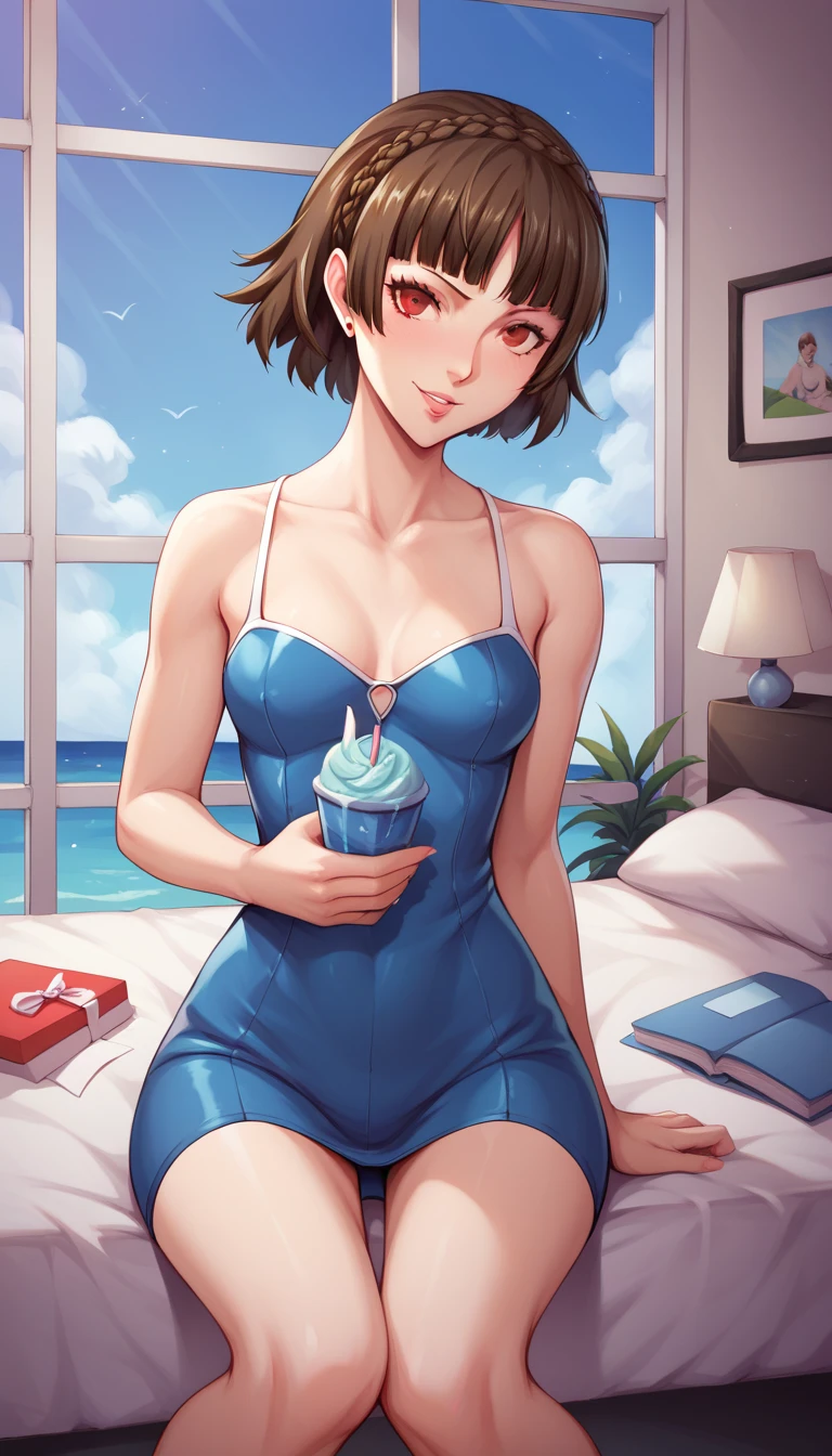 ,((masterpiece)),((Beautiful and detailed drawing)),Persona 5,Makoto Niijima,Short brown hair,Red Eye,front,bedroom,