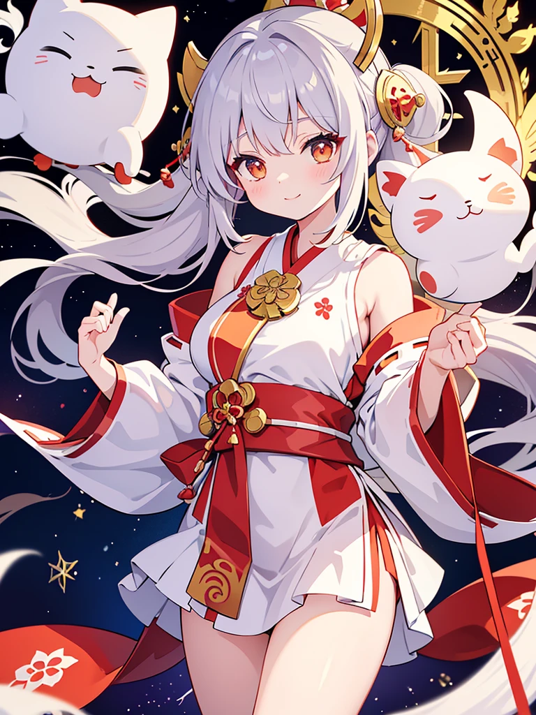 "An anime-style scene featuring a woman dressed as a miko (Shinto priestess) from the waist up, standing next to a white Maneki Neko (lucky cat). Both are facing forward, with the miko smiling gently and the Maneki Neko raising one paw. The background is magical with a gray tone, scattered with glowing stars and mystical elements. The miko has traditional red and white robes with minimal skin exposure, ensuring the thighs and other areas are covered. Both the miko and the cat are centered and close-up in the frame. The overall vibe is mystical, with soft lighting highlighting the characters and the enchanting background."