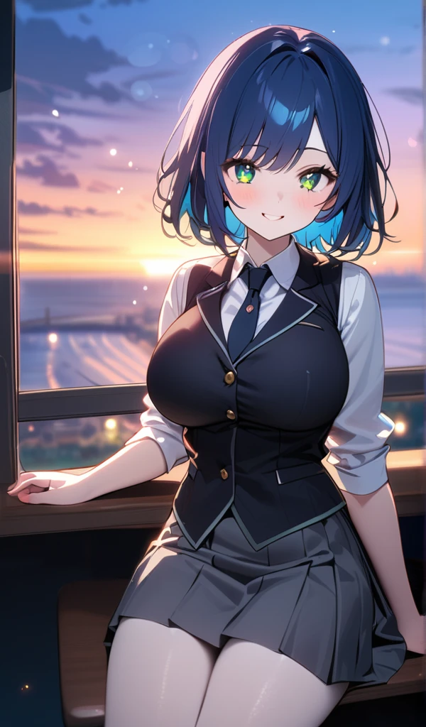 (One girl),(Best image quality, 8k, masterpiece:1.3),((Blue Hair Medium Hair:1.1)),(Swept-apart bangs,), (Cute eyes, Sparkling Eyes,Sparkling Eyes,Blue-green eyes), (thin), (Large Breasts),(Glowing Skin:1.1),(Pale skin:1.2),(A fantastic atmosphere),Ultra-high resolution, Textured skin, Sparkle Effect, Akane Kurokawa,

high school student,Classroom after school,evening,Sunset,

uniform,White shirt,Black vest,Grey Skirt,Black Loafers,Navy Ribbon Tie,Black socks,

smile, 