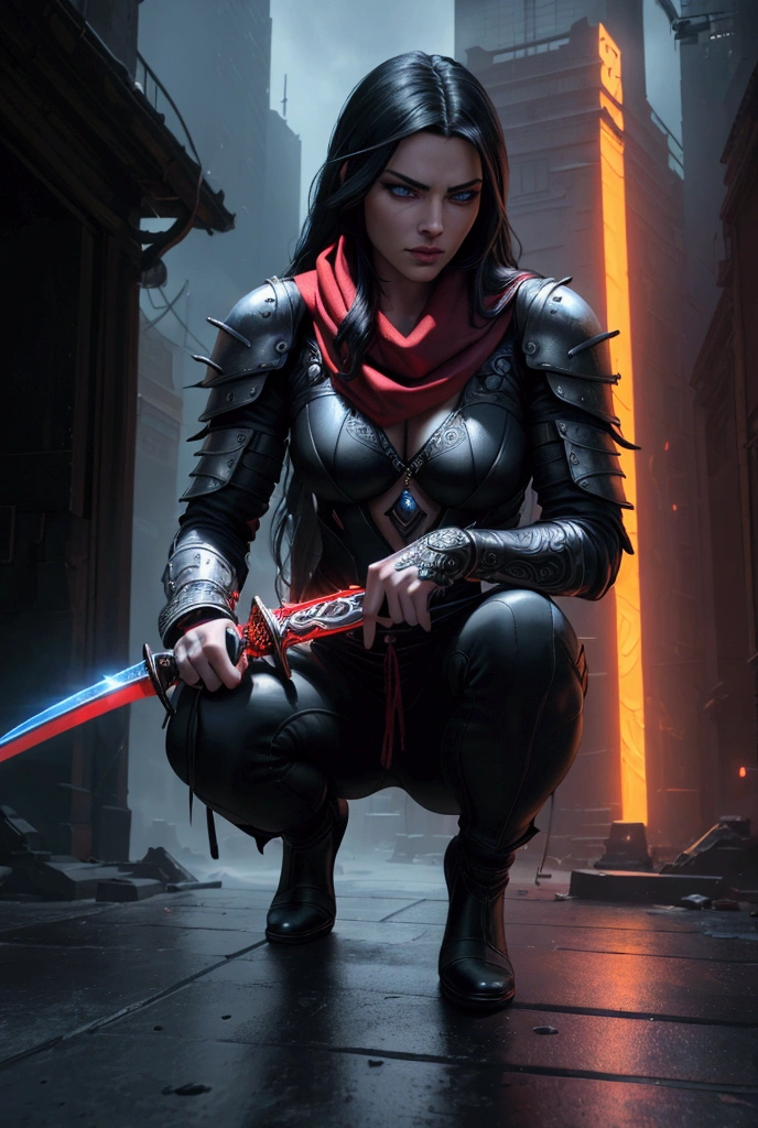 a crouching assassin man with long black hair, bright piercing blue eyes, glowing ethereal aura, flowing red scarf, detailed ornate sword behind body, hand holding intricate glowing knife, cyberpunk city with towering neon-lit clock tower, cinematic dramatic lighting, radiant and vibrant colors, perfect symmetry, intense focused spotlight, dark and moody atmosphere, dynamic and dramatic motion, highly intricate digital painting, (best quality,4k,8k,highres,masterpiece:1.2),ultra-detailed,(realistic,photorealistic,photo-realistic:1.37)