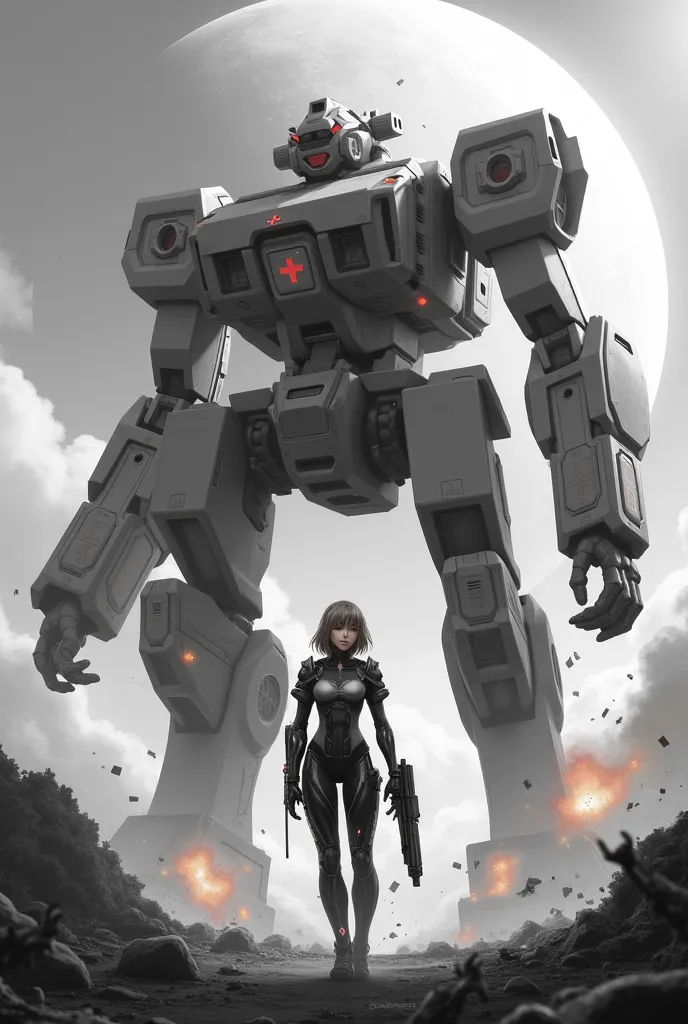 Nurse with grayish brown hair in a black and white futuristic suit with nursong symbols on it firing a weapon, standing beside an artillery titan machine with a huge planet and explosions in the background